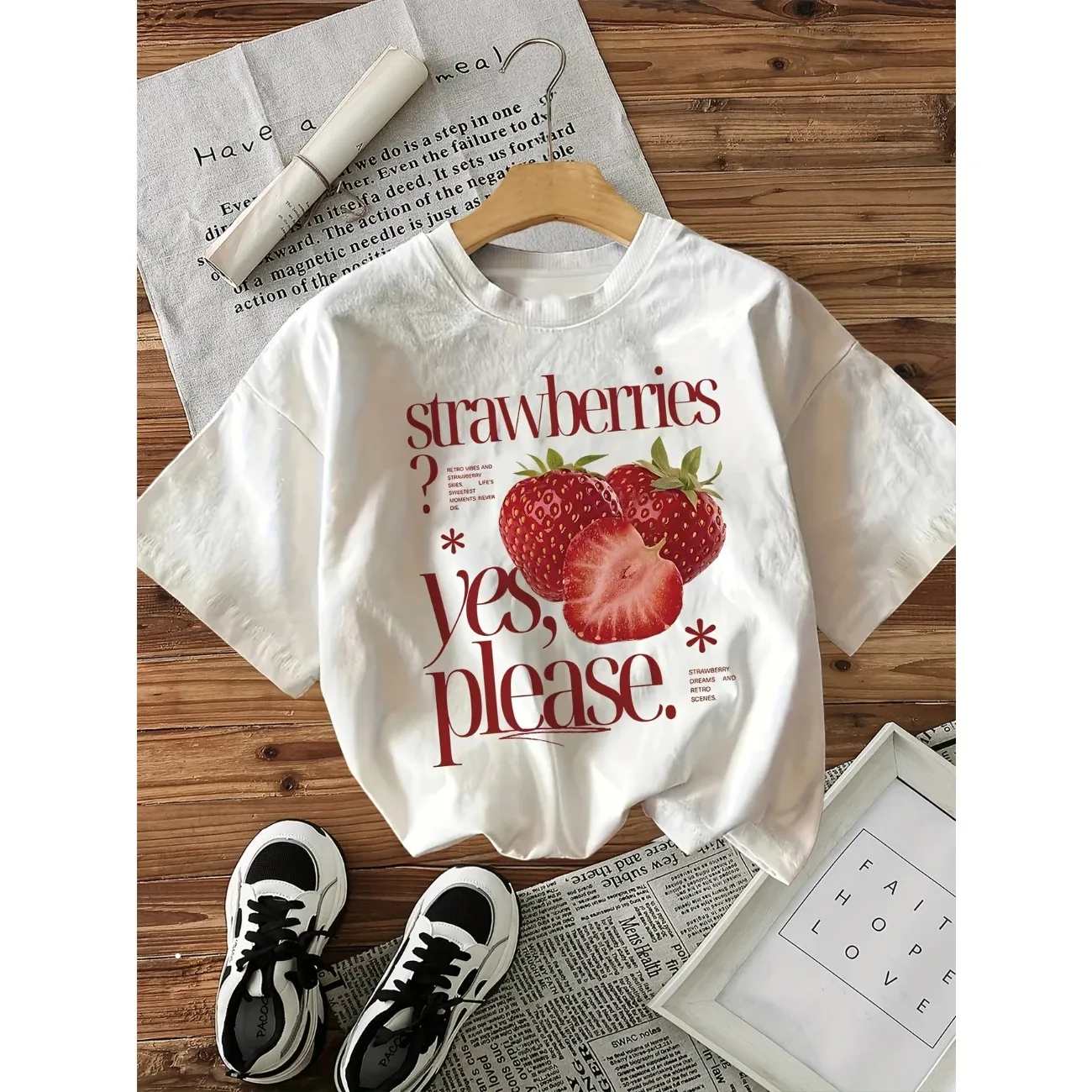 Girls' Pure Cotton Crew-neck T-shirt with Strawberry Print; Women's 100% Cotton T-shirt with Casual, Vintage-style Print. S-2XL