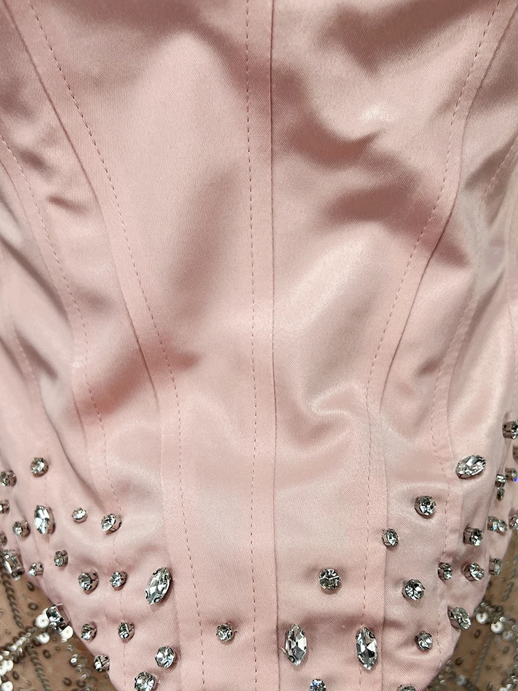 여성용 핑크 크리스탈 머메이드 이브닝 드레스 – 코르셋 버스티에 비즈 장식 맥시 드레스 트레인 포함 섹시한 프롬 이브닝 롱 드레스