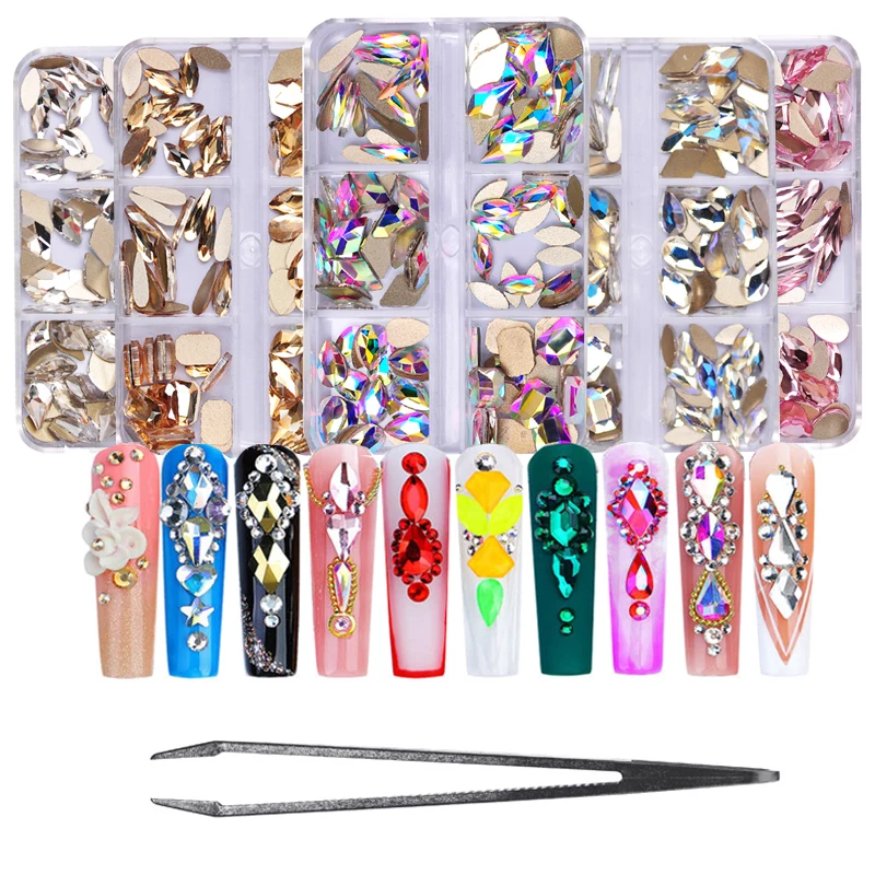 6 Grids Crystal Nails Art Rhinestones Mixed Shape Colorful Flatback Diamonds With Clips Nail Art Design Gems Nails Accessories