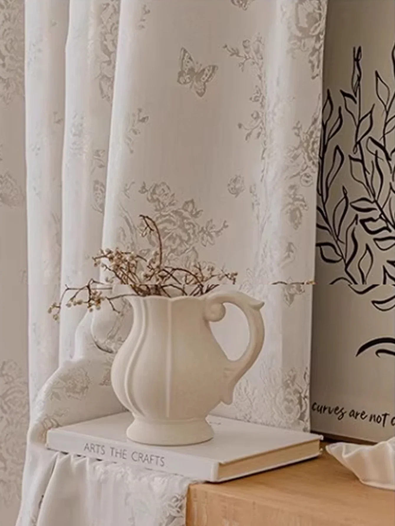 

French Lace Butterfly Gauze Curtain Cream Wind Gauze Curtain Translucent Relief Hollow Print Window Screen Sun Protection