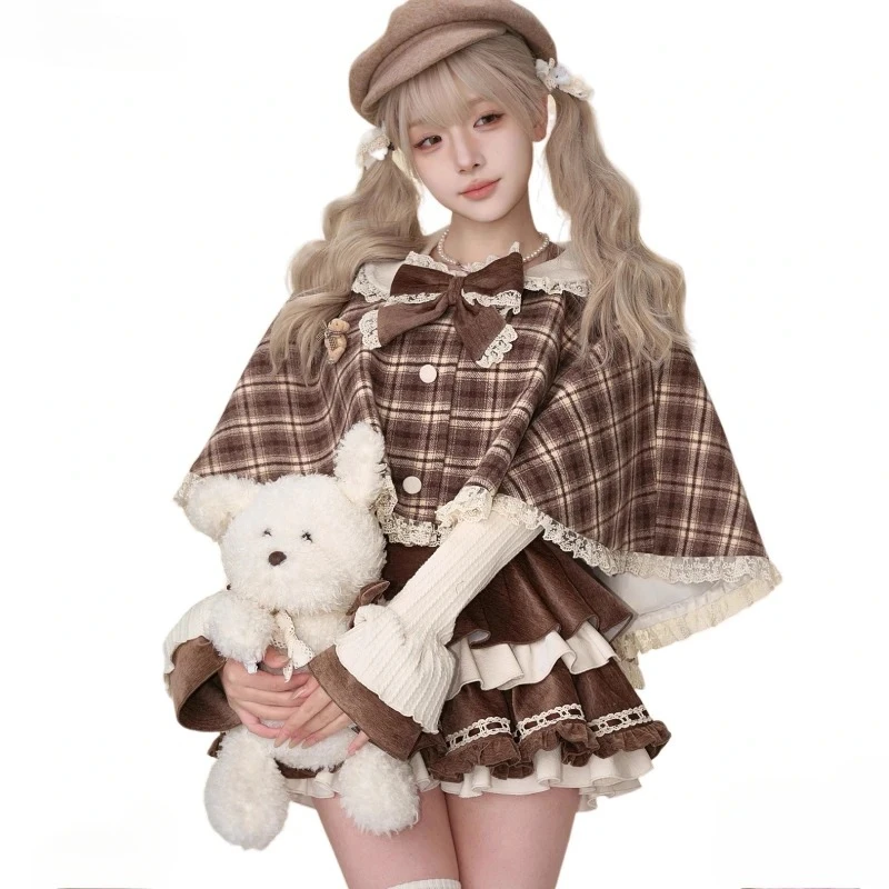 Women Kawaii Plaid Cloak Coat Knitted Top Short Party Dress Vintage Suit Korean Y2k Cape Outfits Sweet Lolita Style 3 Piece Sets
