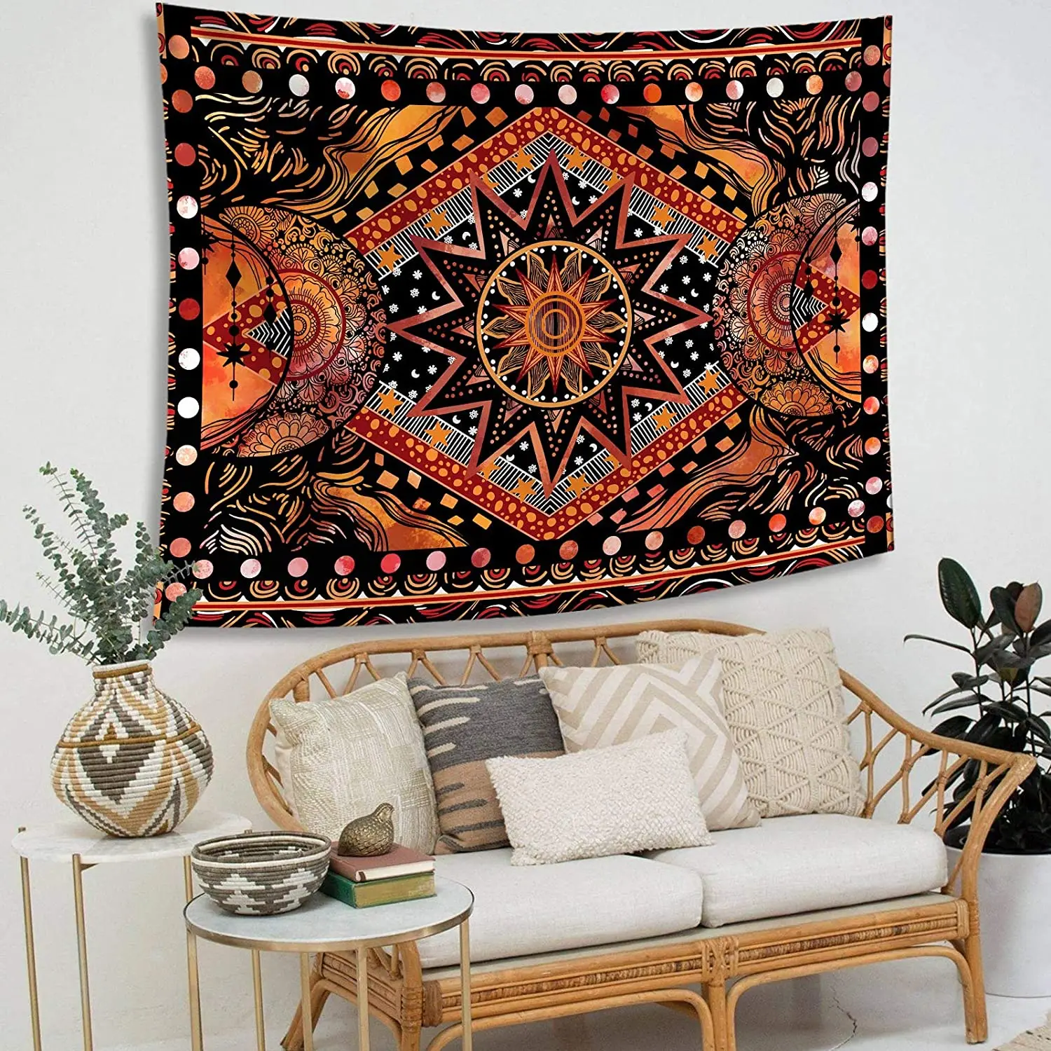 Orange Sun and Moon Tapestry Wall Hanging Indie Hippie Mandala Cool Wall Tapestries Aesthetic Tapestry for Bedroom Living Room