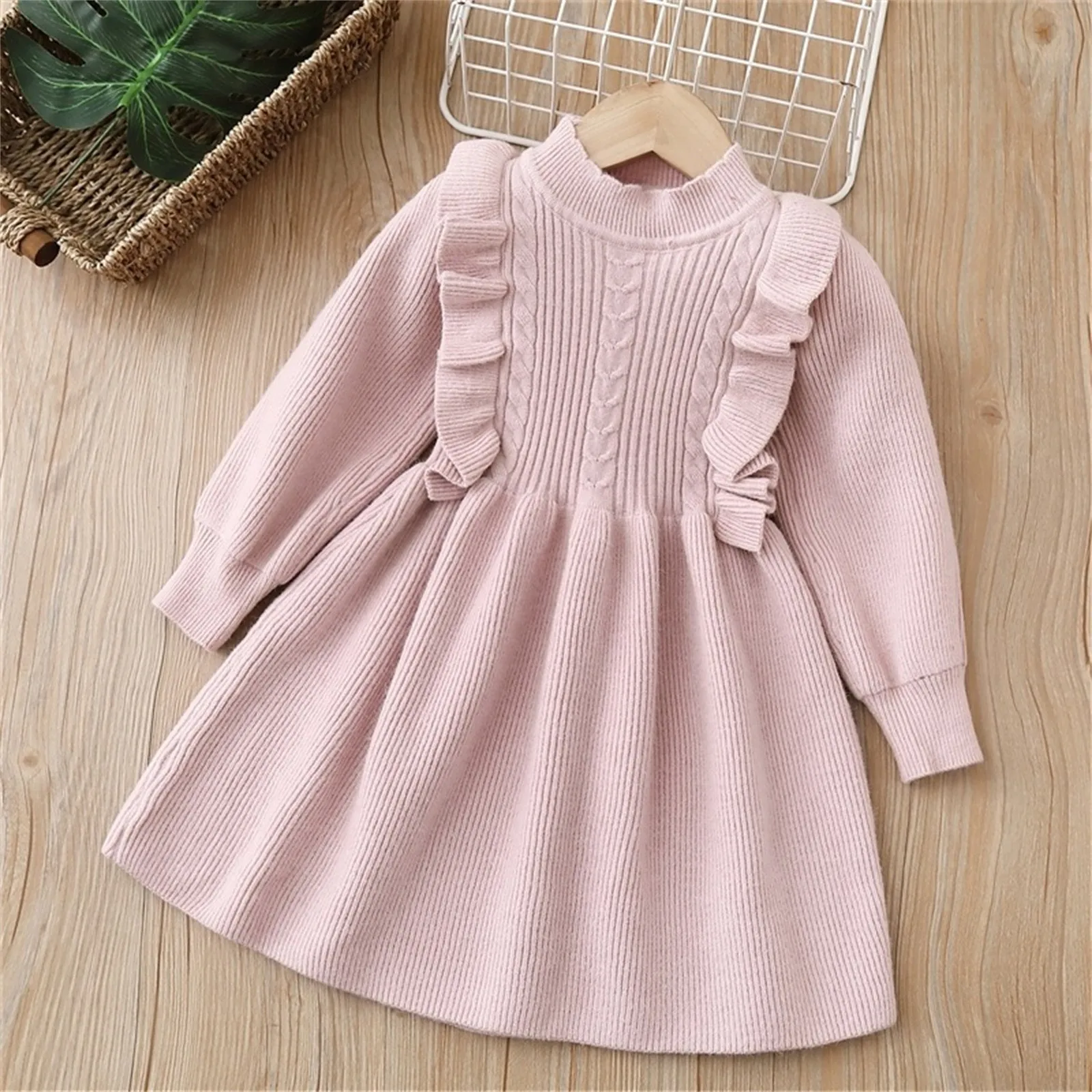 Kids Toddler Infant Baby Girls Long Sleeve Patchwork Solid Sweater Princess Dress Outfits Girls Dresses Cold Shoulder