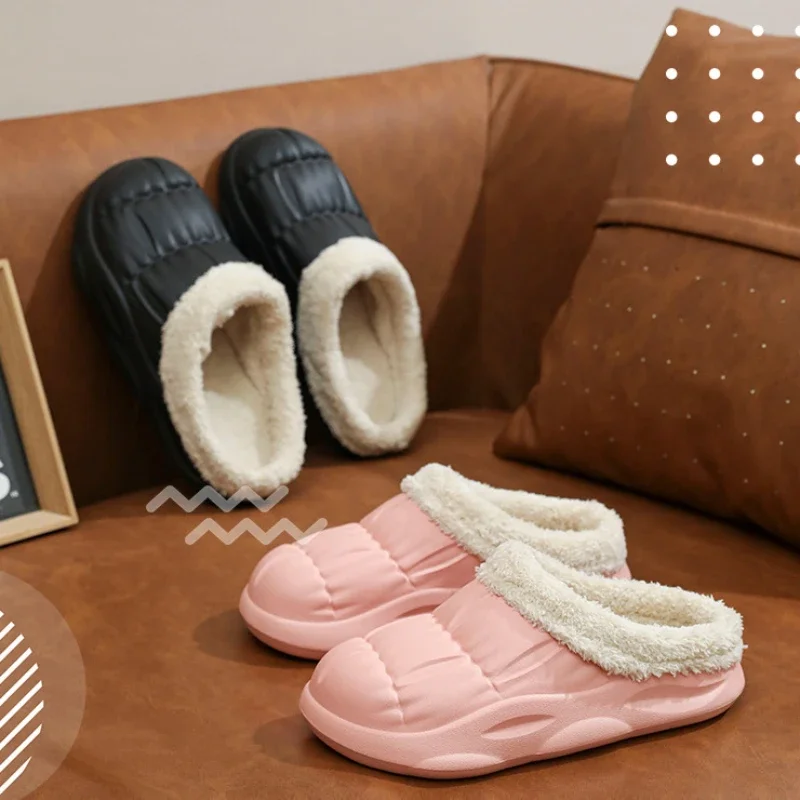 

New Winter Plush Slippers Warm Thick Sole Women Furry Slippers Ligth EVA Waterproof Outdoor Cotton Shoes Couple Home Slides