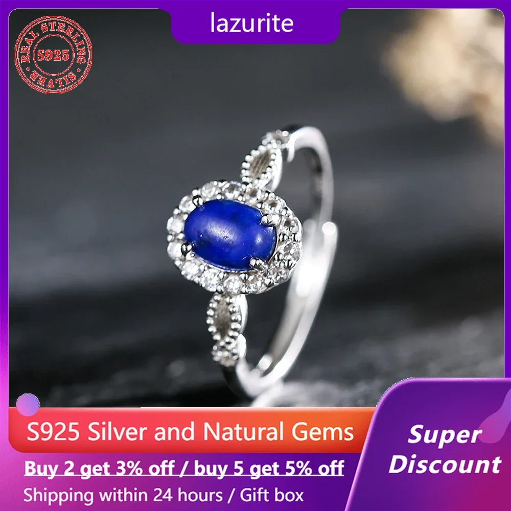 

New S925 sterling silver ring paired with natural mineral lapis lazuli women's ring, adjustable size wedding jewelry accessory