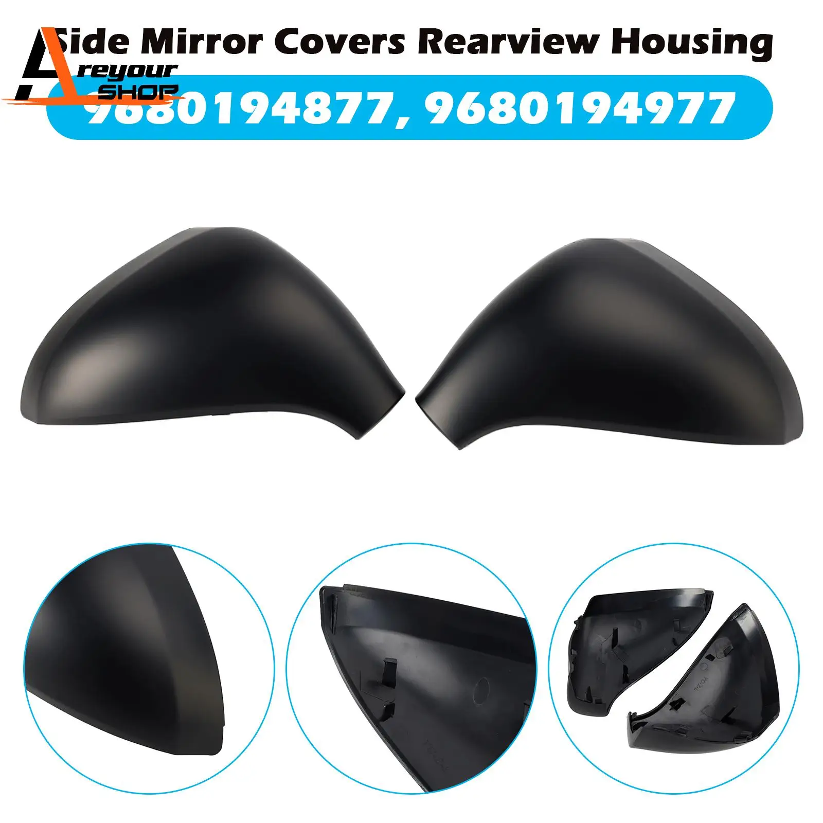 

Side Mirror Covers Rearview Housing Matte Black for Peugeot 207 Hatchback