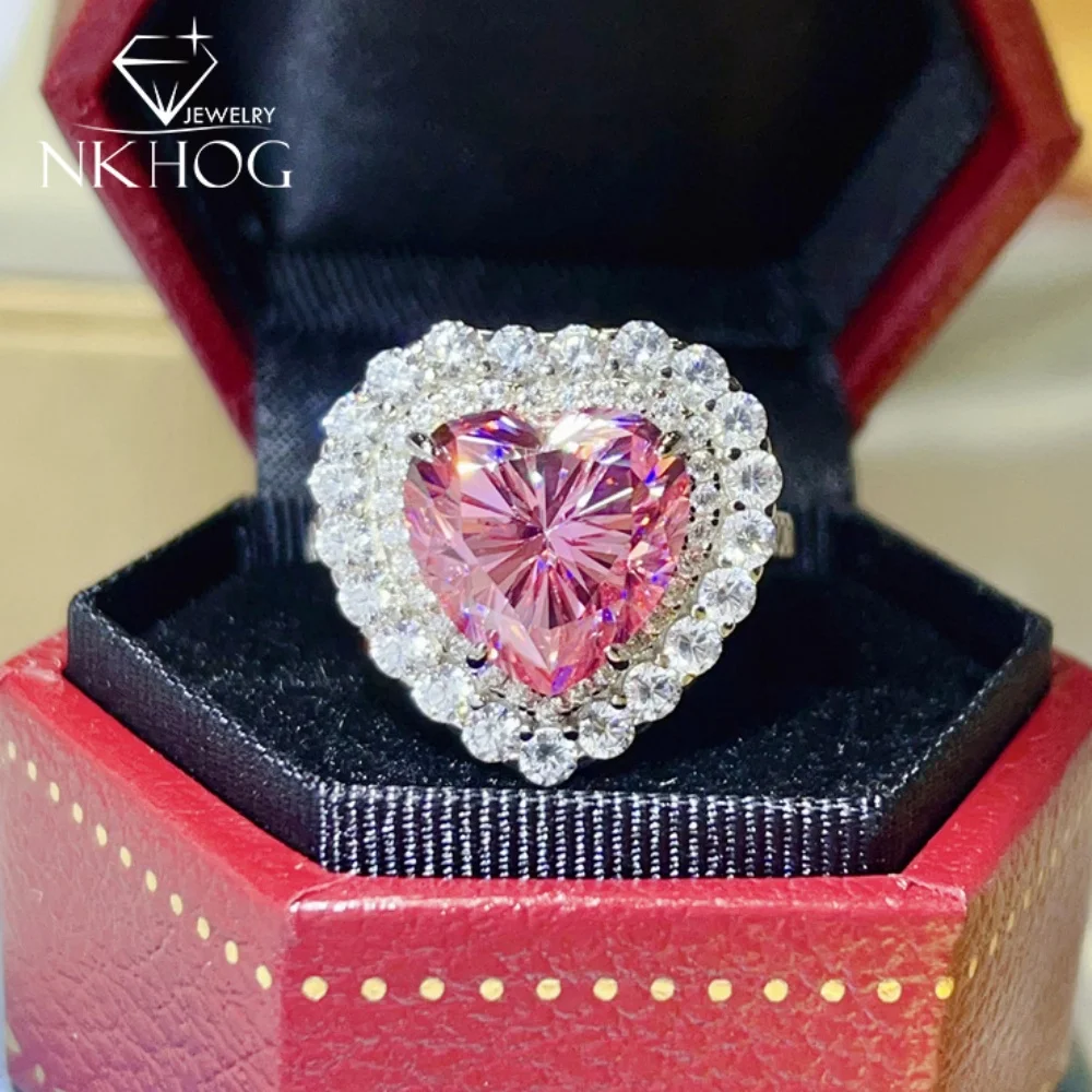 

NKHOG 5CT Кольца с муассанитом в форме сердца, стерлинговое серебро 925 пробы для женщин, розовое/синее обручальное кольцо с лабораторным бриллиантом, ювелирные изделия с покрытием 18 карат