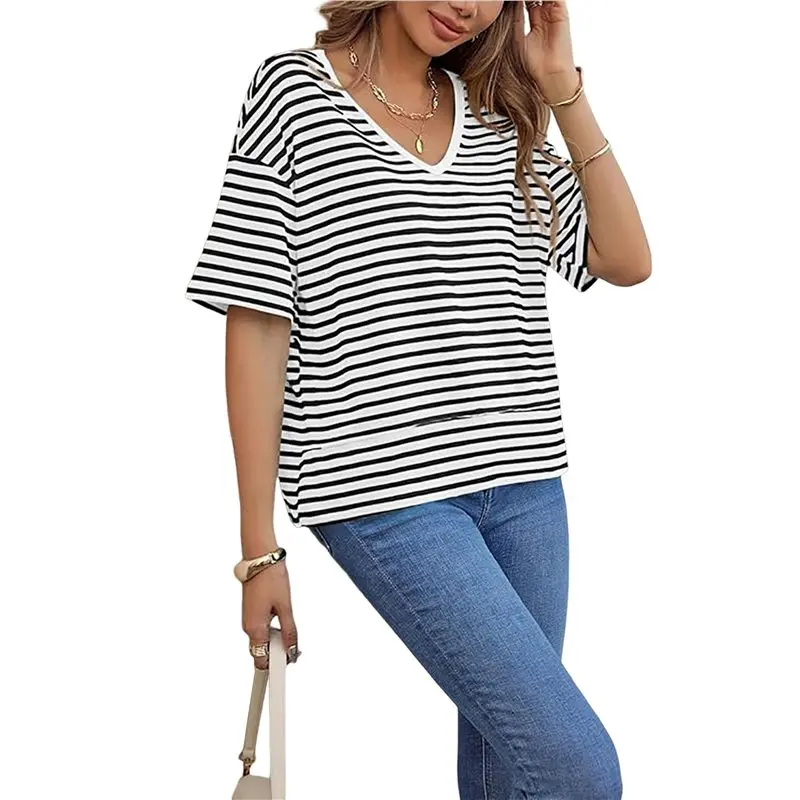 NEW-Women Horizontal Stripe Contrast Binding V-Neck Drop Shoulder Half Sleeve Oversized Casual T-Shirt