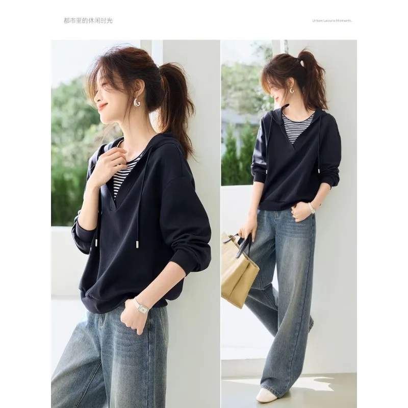 Women's Clothing Hooded Hoodies Sweatshirts Commuting Patchwork Contrast Colours Stripe Casual Sweatshirts Spring New Hooded Top