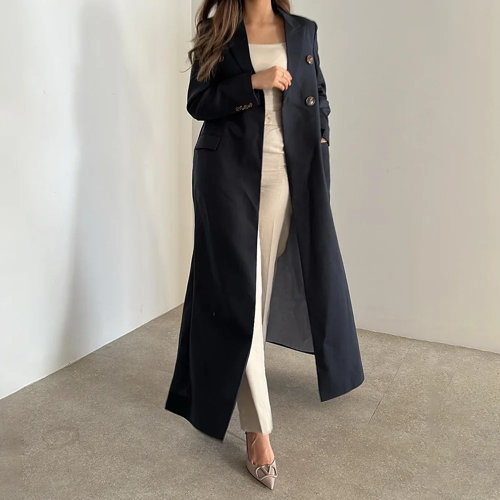 Navy Blue Women Coat Elegant Peak Lapel Double Breasted Solid Long Blazer Simple Formal Daily Casual Office Lady Coat 2024