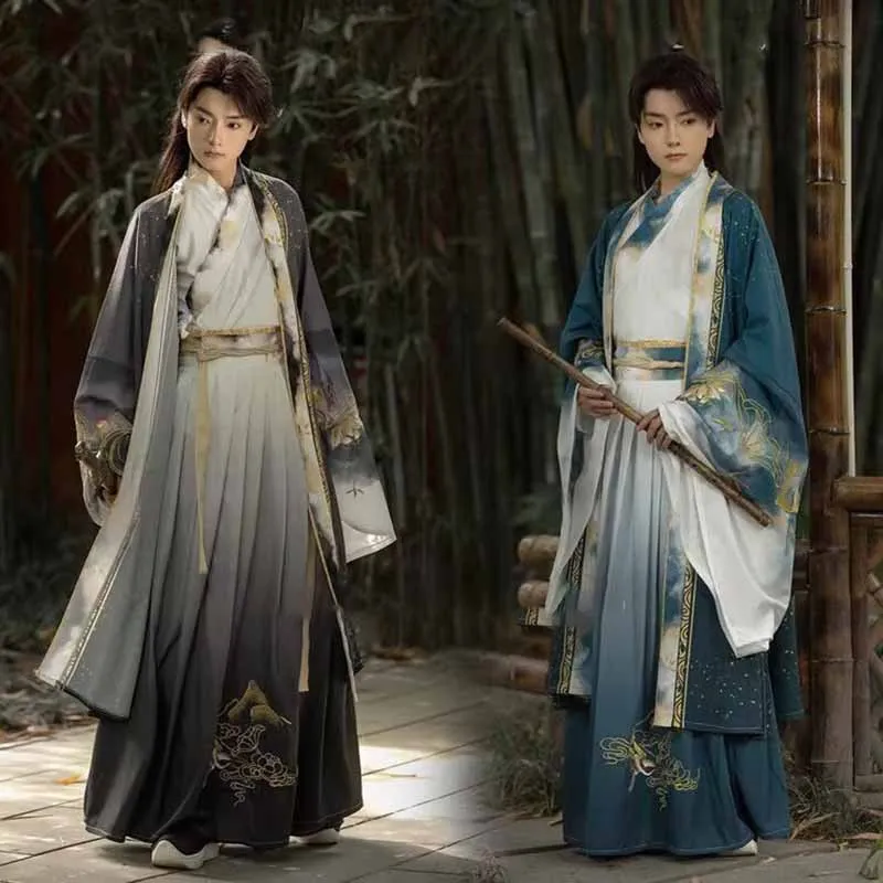 Hanfu الرجال الصينية القديمة التقليدية الأزرق والرمادي المطرزة Hanfu زي مرحلة العروض الذكور زي هالوين تنكري #1