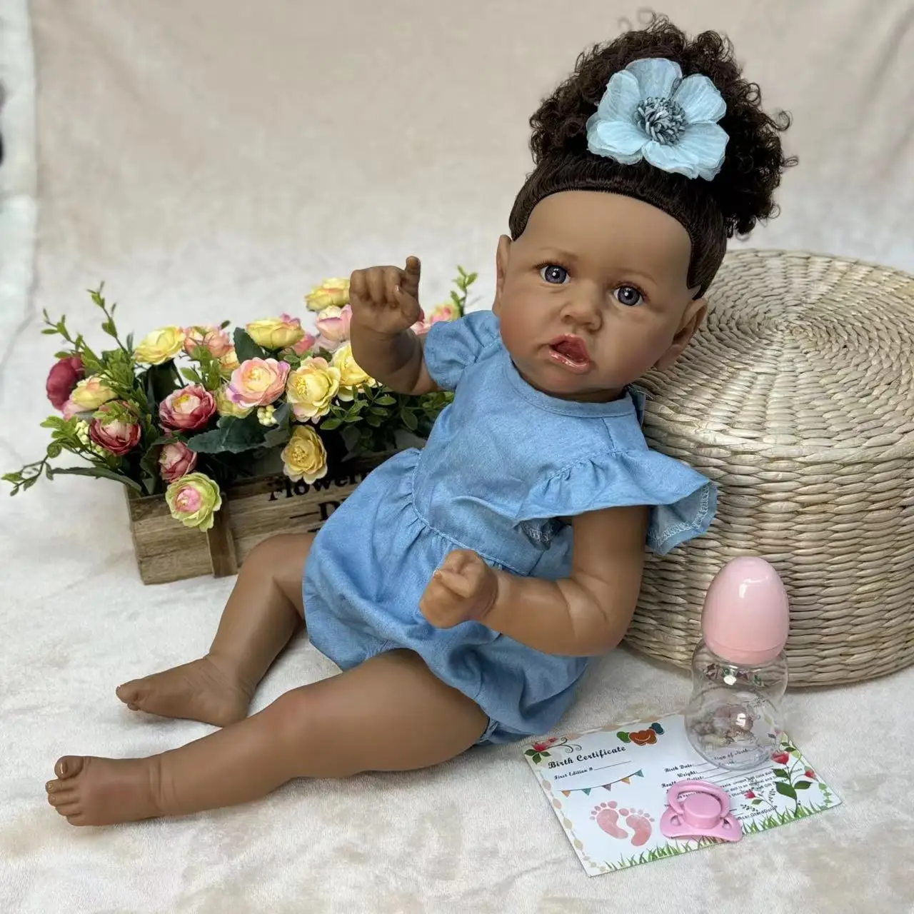 New 22 inch cloth body saskia, black-skinned reborn girl doll with curly hair, handcrafted newborn, exquisite gift for children