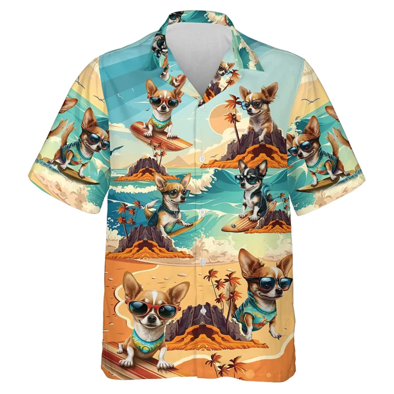 

Harajuku Hawaiian Fashion Cat Dog Shirts For Men Casual Summer Classic Slim Dress Camisas Casuais Flower Blouse Male Social