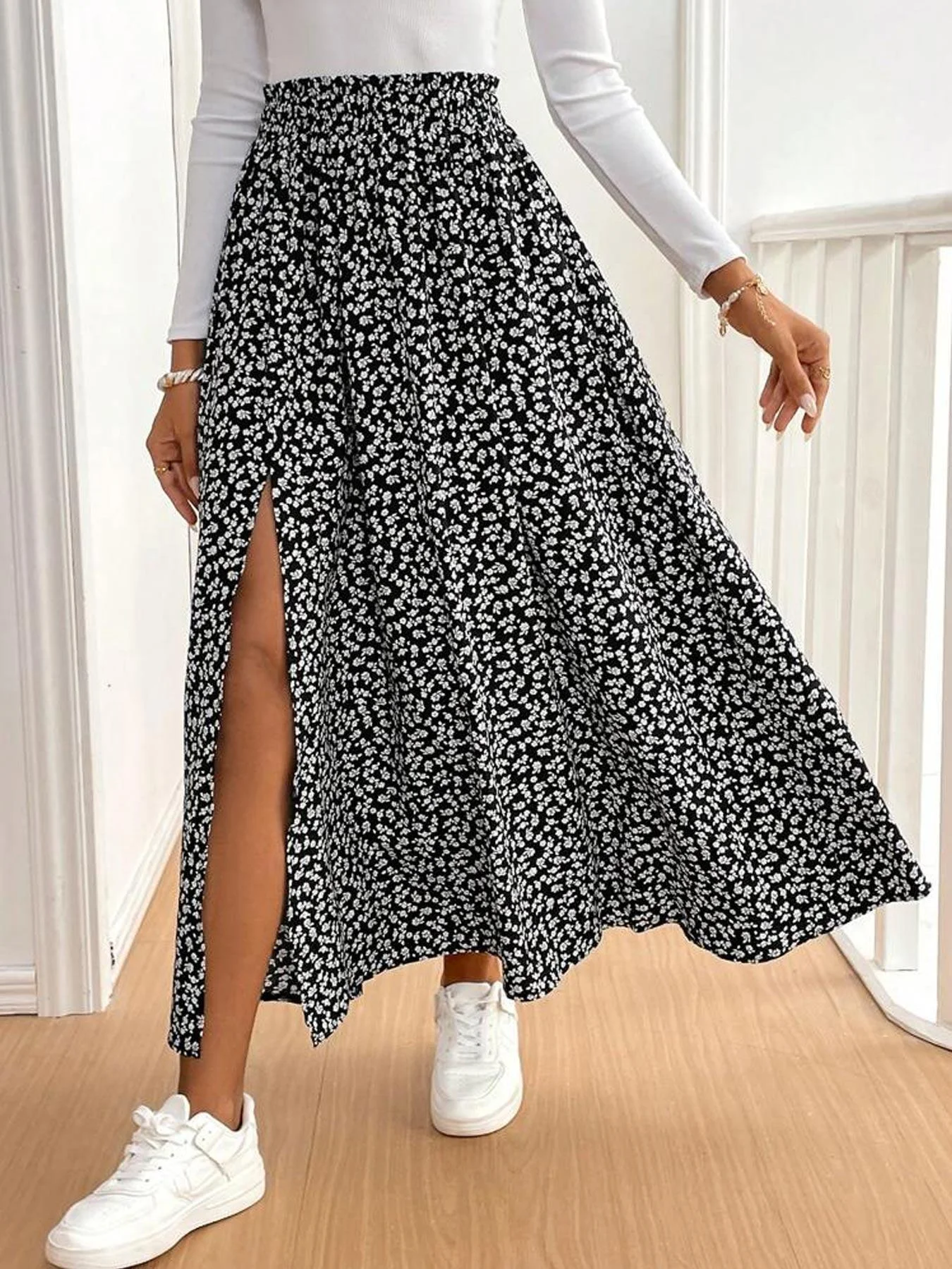 Elegant Women's A-Line Midi Skirt, High Waist Ruffle Design, Casual Fashion for Spring & Fall, Comfortable Fit, Perfect for Dail