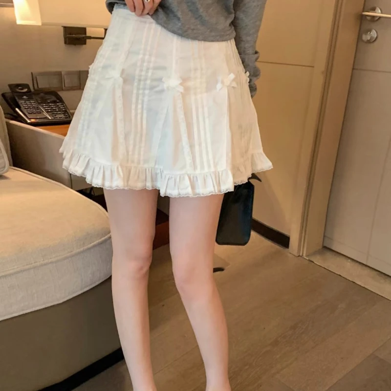 Deeptown White Ruffle Mini Skirt Women Kawaii Sweet Lace Coquett Skirt Patchwork Lolita Skirts Bow Basic Casual Y2k Aesthetic