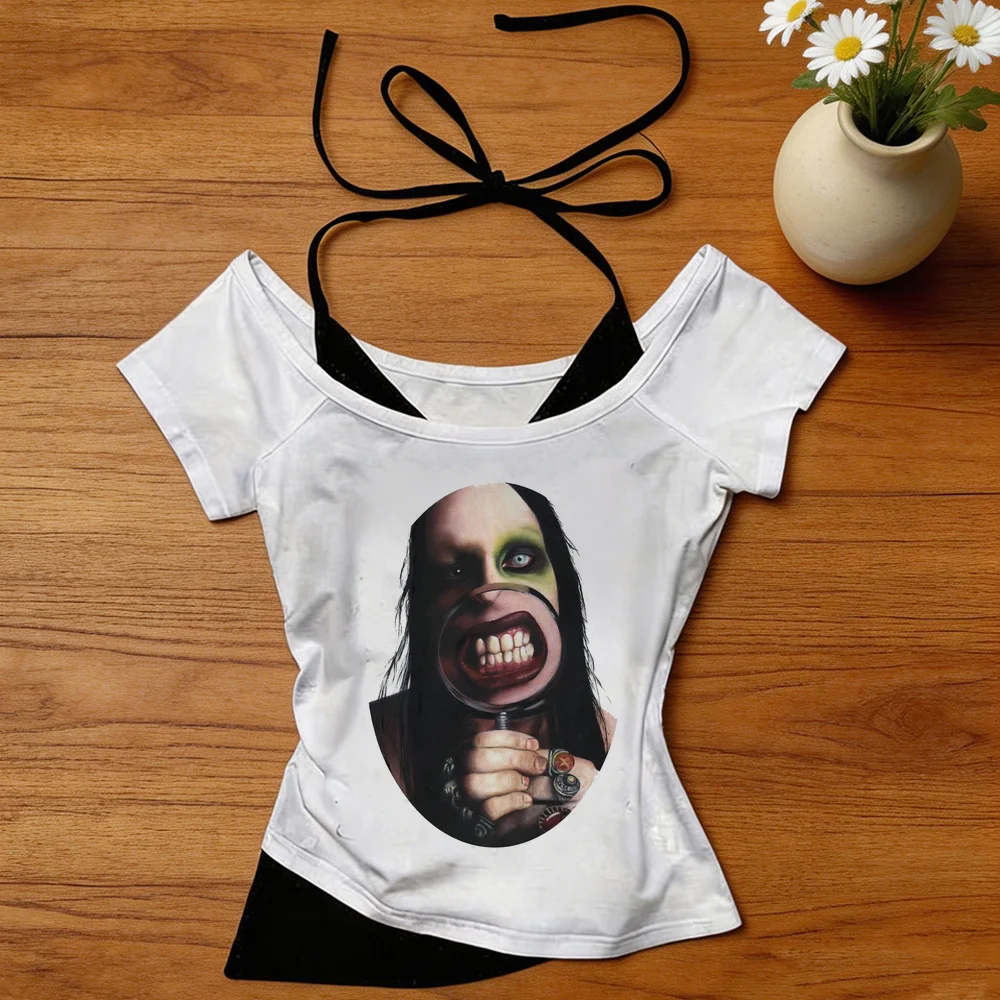 Marilyn Manson crop top girl 2000s scene  meme top tees gothic summer meme dollette japan