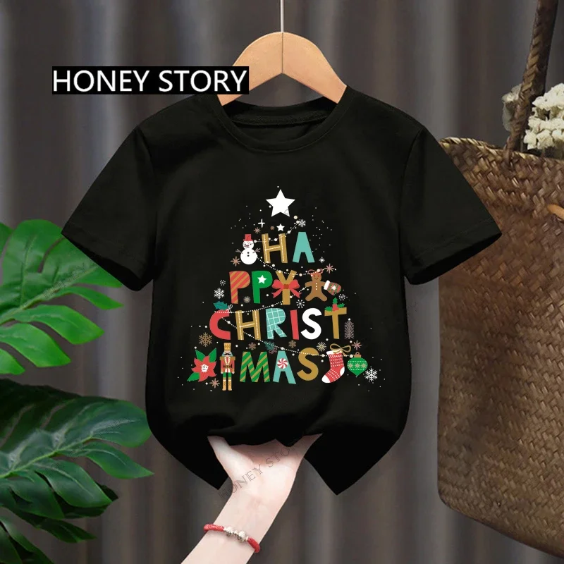 Camiseta vermelha de manga curta infantil, boneco de neve, Papai Noel, estampa de árvore de Natal, tops para meninos e meninas, feliz novo