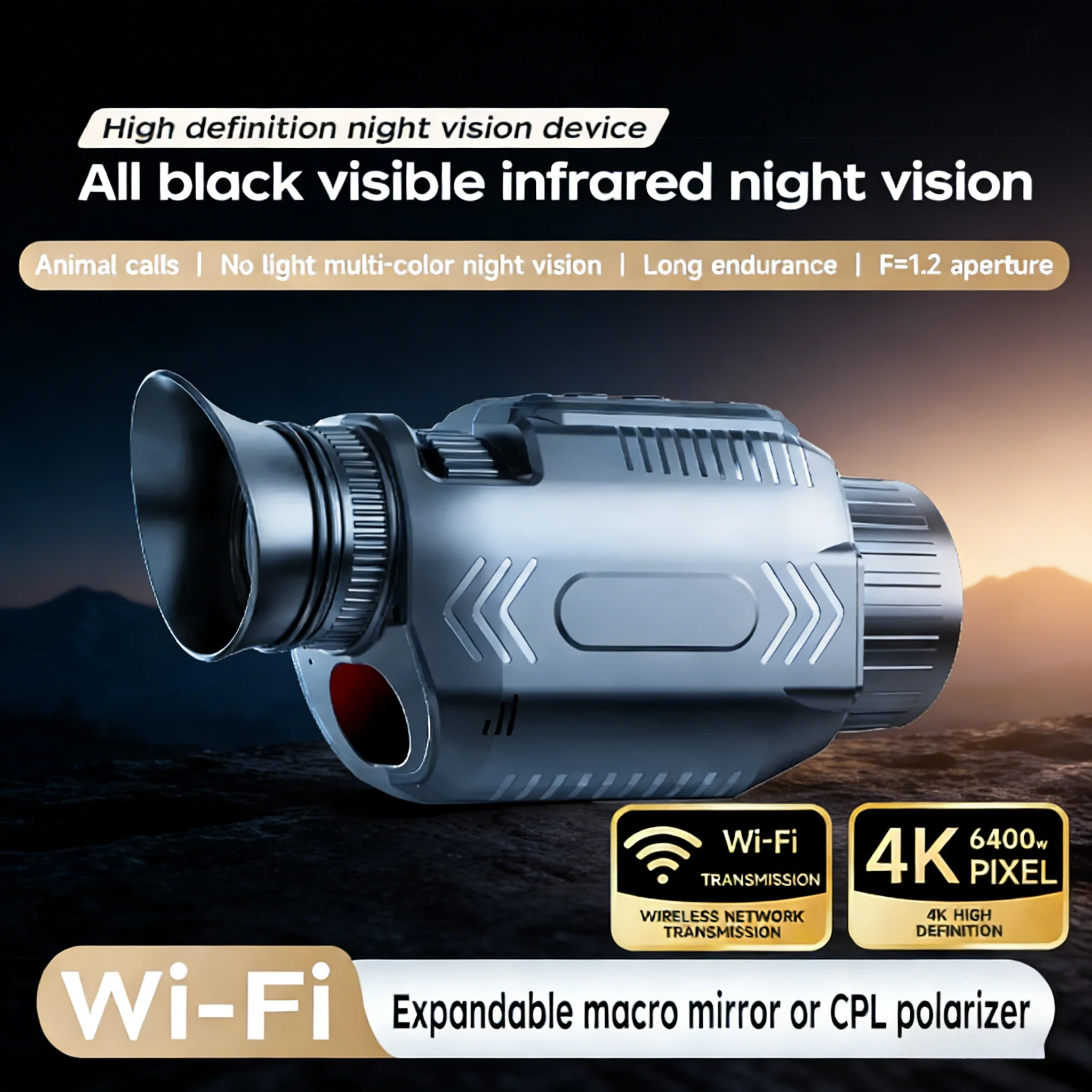 

Перезаряжаемые инфракрасные очки, цифровой монокулярный телескоп 4K с 28-кратным зумом, 64 МП для пеших прогулок, кемпинга, ночного видения