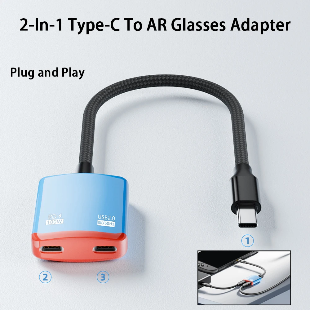 2‑In‑1 Type‑C To AR Glasses Adapter 8K 60Hz Display Output PD Charging Type‑C Audio Video Converter for AR VR Glasses