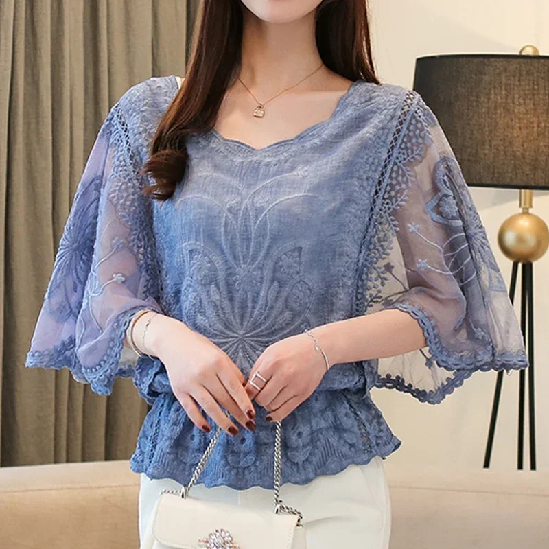 Spring Casual Chiffon Blouse Woman Half Sleeve Butterfly Flower Shirts for Women Fashion  Cotton Lace O-Neck Loose Tops 4073