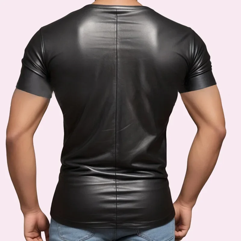 Sexy Men\'s PU Leather Matte T-shirt Vest Stretch Undershirt Latex Clubwear Stage Costume Muscle Tight T-Shirt Top 2023 New