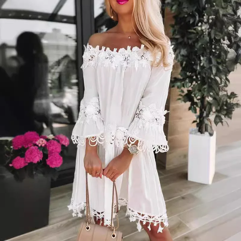 المرأة الجديدة بلون طويلة الأكمام واحدة طول الرقبة خارج الكتف جوفاء فستان فضفاض المرأة عطلة الشاطئ نمط مزاجه فستان #3