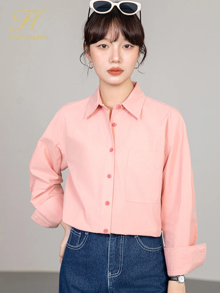 

H Han Queen Autumn Korean Popular Clothes Simple Office Tops Basic Blouse Elegant Korean Casual Vintage Long Sleeve Women Shirts
