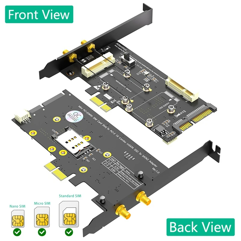 2In1 Combo Mini PCIE to PCI-E 1X Adapter and MSATA to SATA3 Adapter with SIM Card Slot for WiFi/ 3G/4G/LTE/ Msata SSD