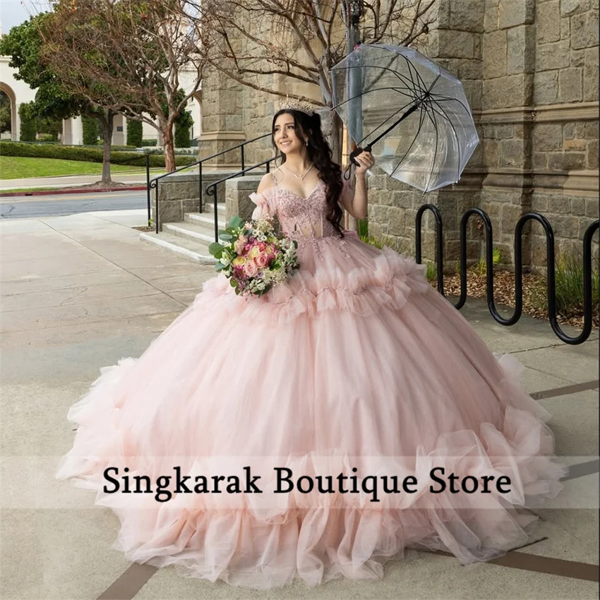 

Luxury Pink Tulle Ball Gown Quinceanera Dresses 2025 Crystals Appliques Ruffles Sweet 15 Dress Vestidos De 15 Años Customized