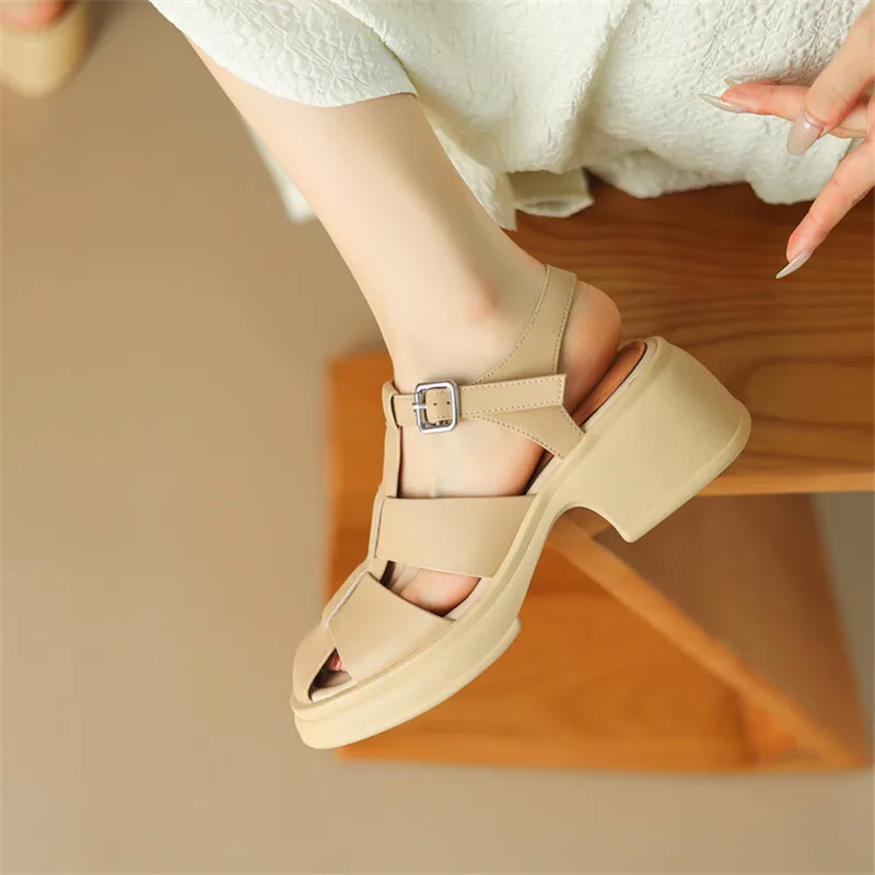 2023 Summer Sandals Split Leather Roman Sandals for Women Casual Buckle Strap Platform Shoes GLADIATOR Thick Heel Women Shoes