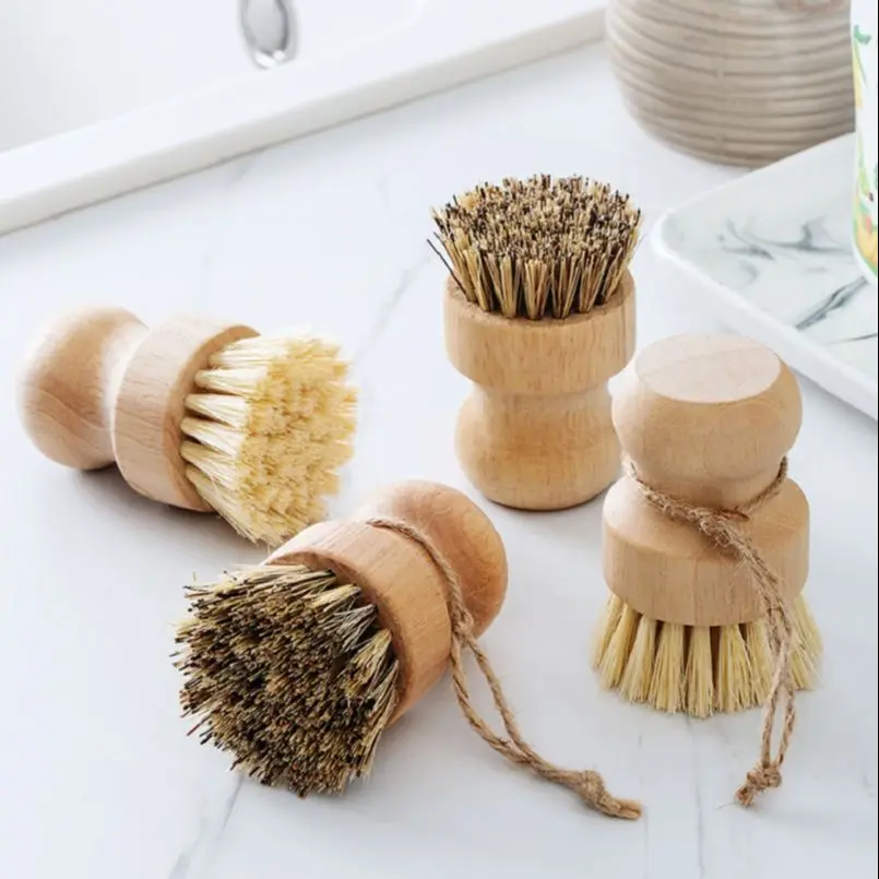 Kitchen Cleaning Brush Sisal Palm Bamboo Brush Short Handle Round Dish Pot Shoes Brush