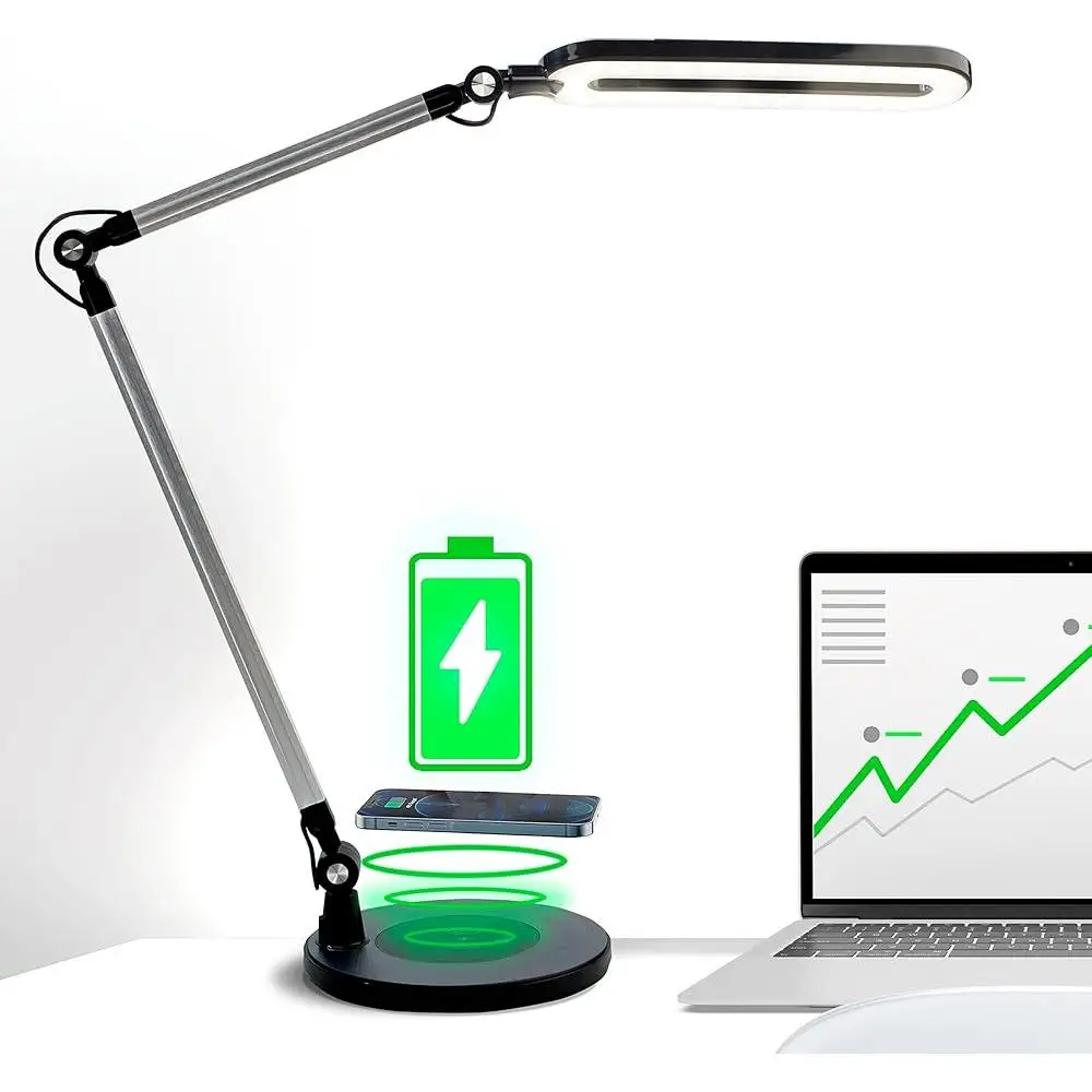 LED Desk Lamp with Wireless Charger Adjustable Brightness Color Temp Swing Arm Architect Lighting Home Office Study Craft