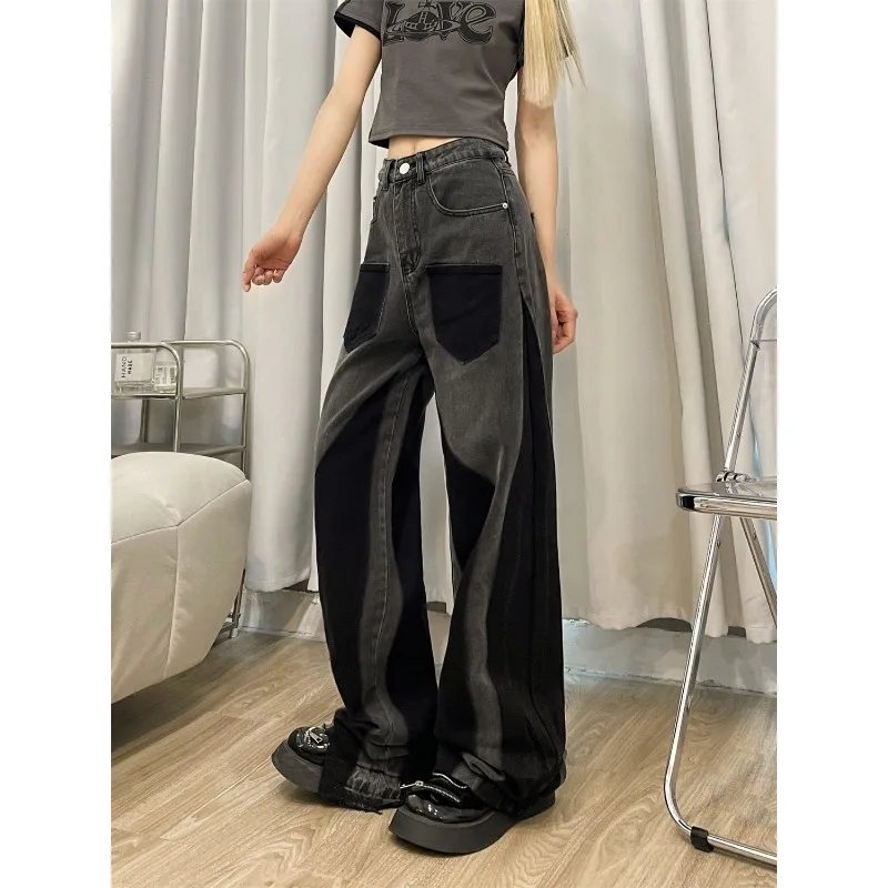 QWEEK Y2k Black Vintage Jeans for Woman Streetwear Baggy Gothic Harajuku Denim Pants Korean Fashion Spring Trousers Aesthetic