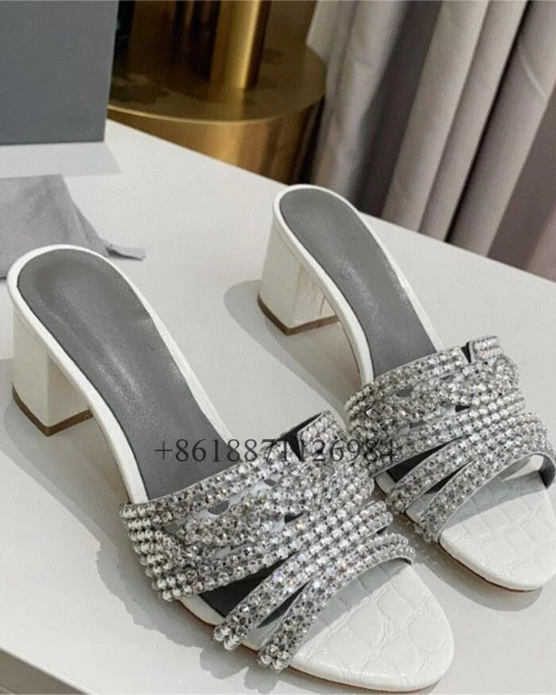 Stone Pattern Round Toe Outdoor Summer Women Slippers With Rhinestone Chunky Middle Heels Or Flat Slip On Design Large Size Shoe