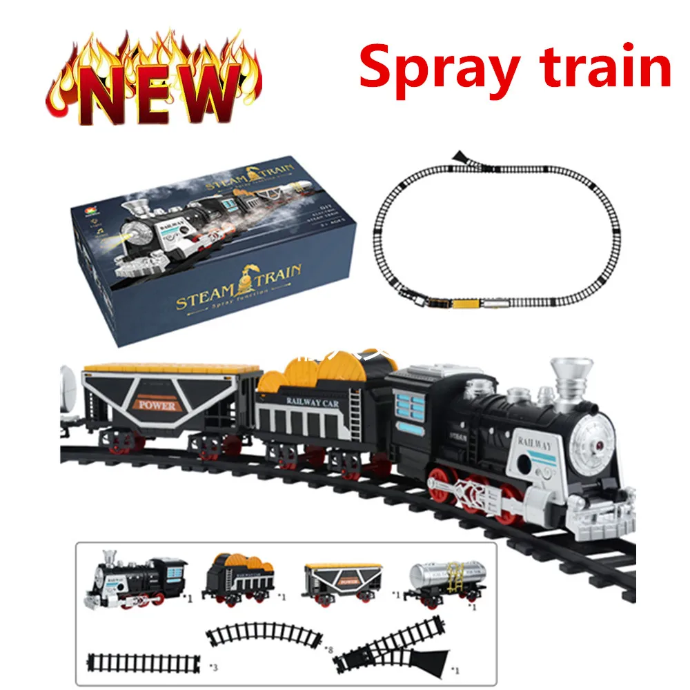 Retro Steam Train Track  Simulation Rail Car Electric Spray With LED Lights Model Train Track Set Kids Toy