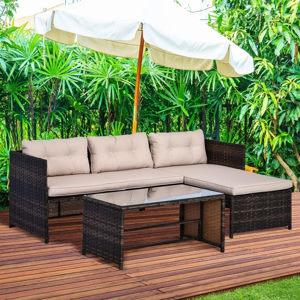 3 Piece Patio Furniture Set, Rattan Outdoor Sofa Set with Chaise Lounge & Loveseat, Soft Cushions, Tempered Glass Table