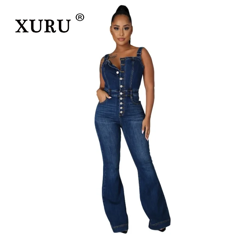 

XURU-Casual Sexy Denim Jumpsuit, Women's Wide Leg Pants, Shoulder Strap, Street Style, Fashion, N7-6048