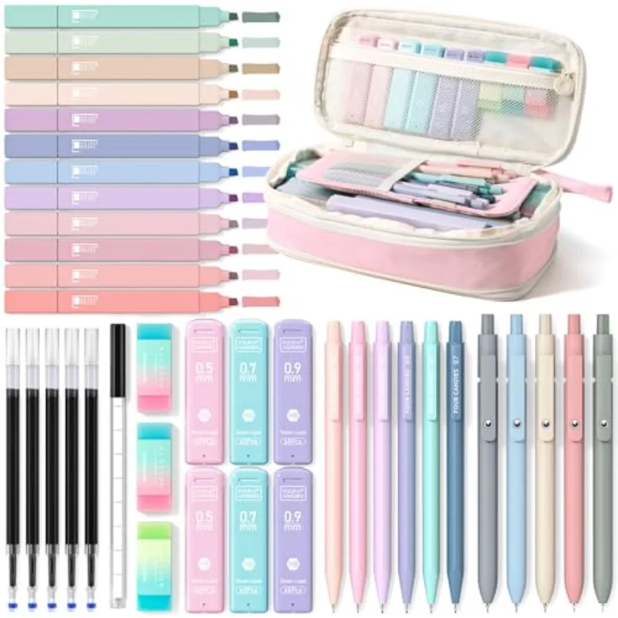 39 PCS Aesthetic Stationery Set with Cute Pen Case, College Supplies and Nursing Essentials, 12 Pastel Highlighters, 5 Black Ge