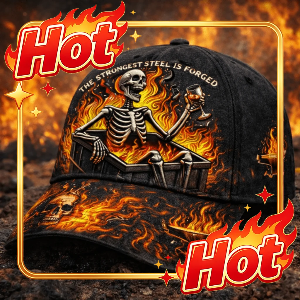 Custom Skeleton Fire Quote Baseball Cap The Strongest Steel Is Forged Text Flaming Skeleton In Tub Artwork Dark Humor Graphic