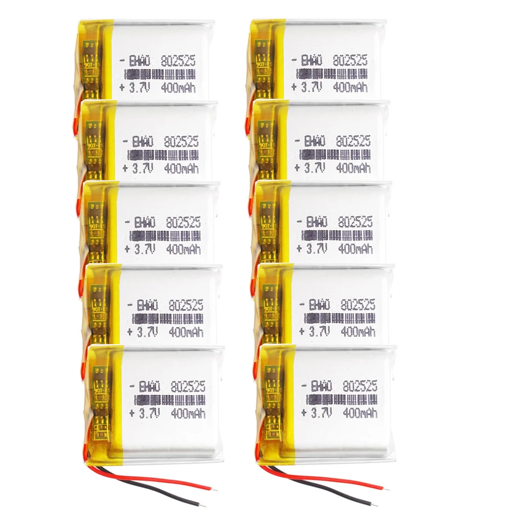 10 PCS 3.7V 400mAh Lipo Polymer Lithium Rechargeable Battery 802525 For MP3 GPS DVD Recorder Headset Camera Smart watch