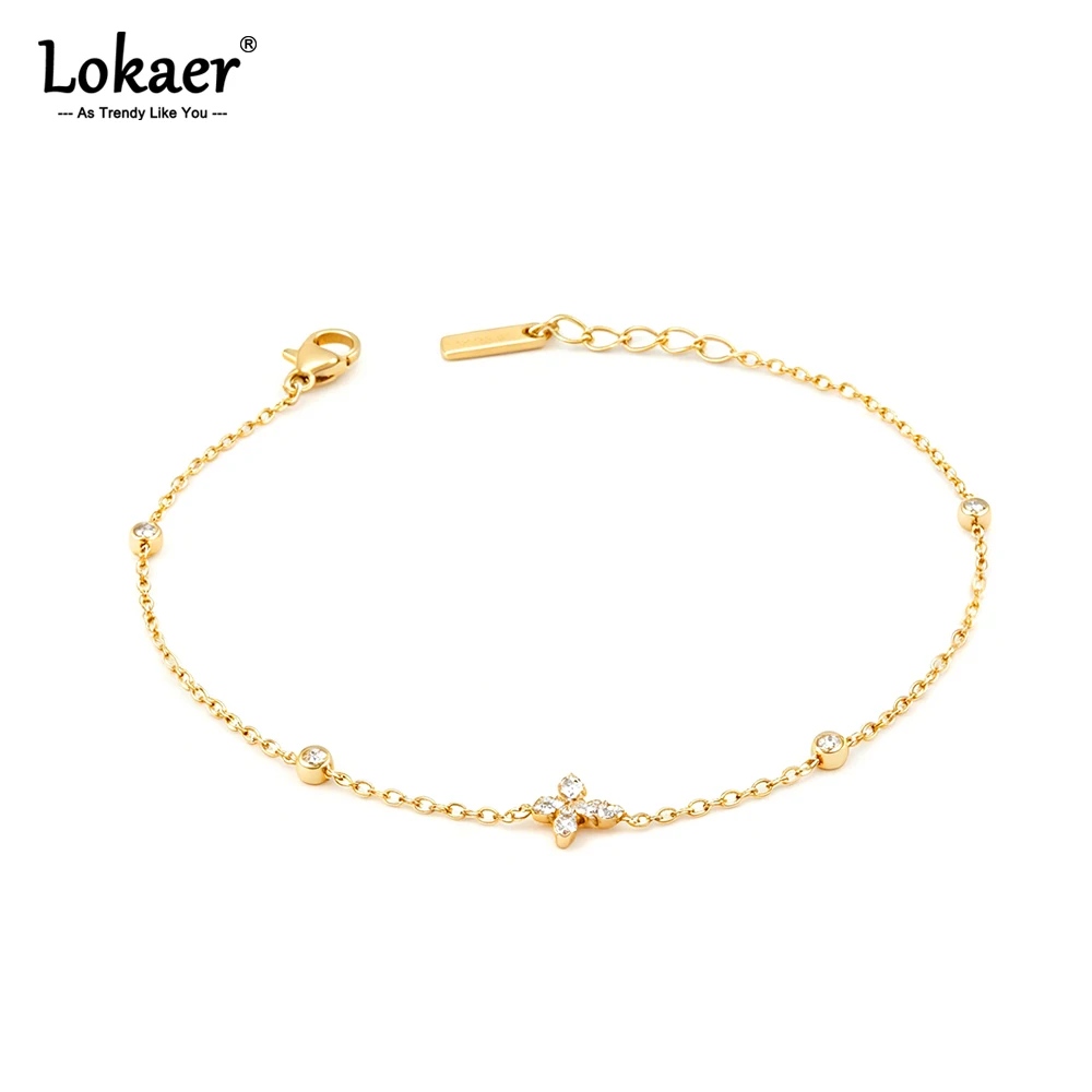 Lokaer Delicate Zircon Cross Pendant Bracelet Chain for Women's Fashion Jewelry Gifts Stainless Steel Gold Plated Bangles B26017