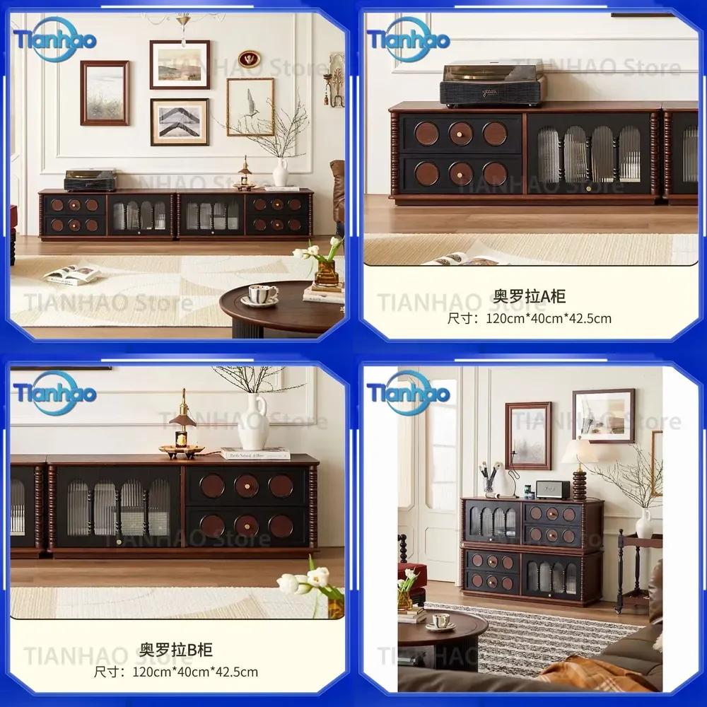 Solid Wood TV Cabinet Floor-to-Ceiling for American Modular Combination French Retro Style Small Apartment Integrated Antique