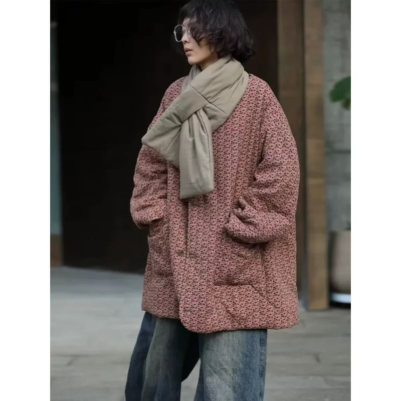 Retro Old Lotus Root Powder Floral Pure Cotton Jacket For Women 2026 Autumn Winter Round Neck Loose Medium Long Coat J2171