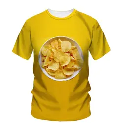 Summer Men Creative Personality Potato Chip Snack Pattern T-Shirt Fashion Interesting O Neck Short Sleeve Loose Plus Size Top
