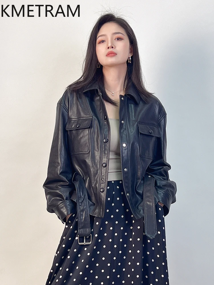 Giacca in pelle di pecora 100% Donna Moda Giacche in vera pelle nera Donna con lacci Novità in capispalla Abiti autunnali 2025жанка