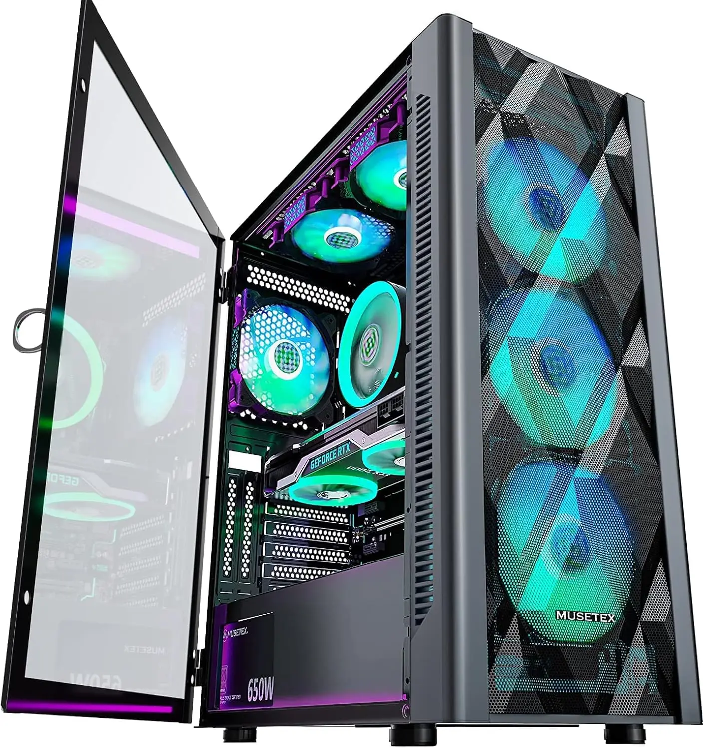 ATX PC Gaming Case with 6 Pre-Installed ARGB Fans, Tempered Glass Side Panel, USB 3.0 Ports, Black Mesh Design