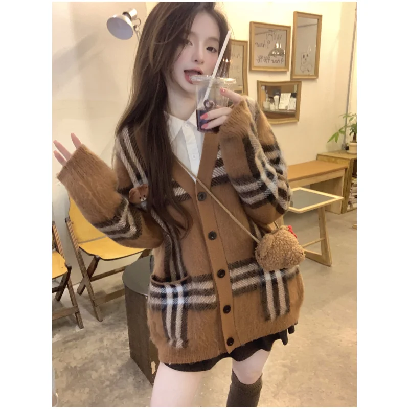 Women Clothing Brown Vintage Knitting Sweater Cardigan Jacket Lattice Long Sleeve Casual Fashion Female NEW Winter V-neck Tops