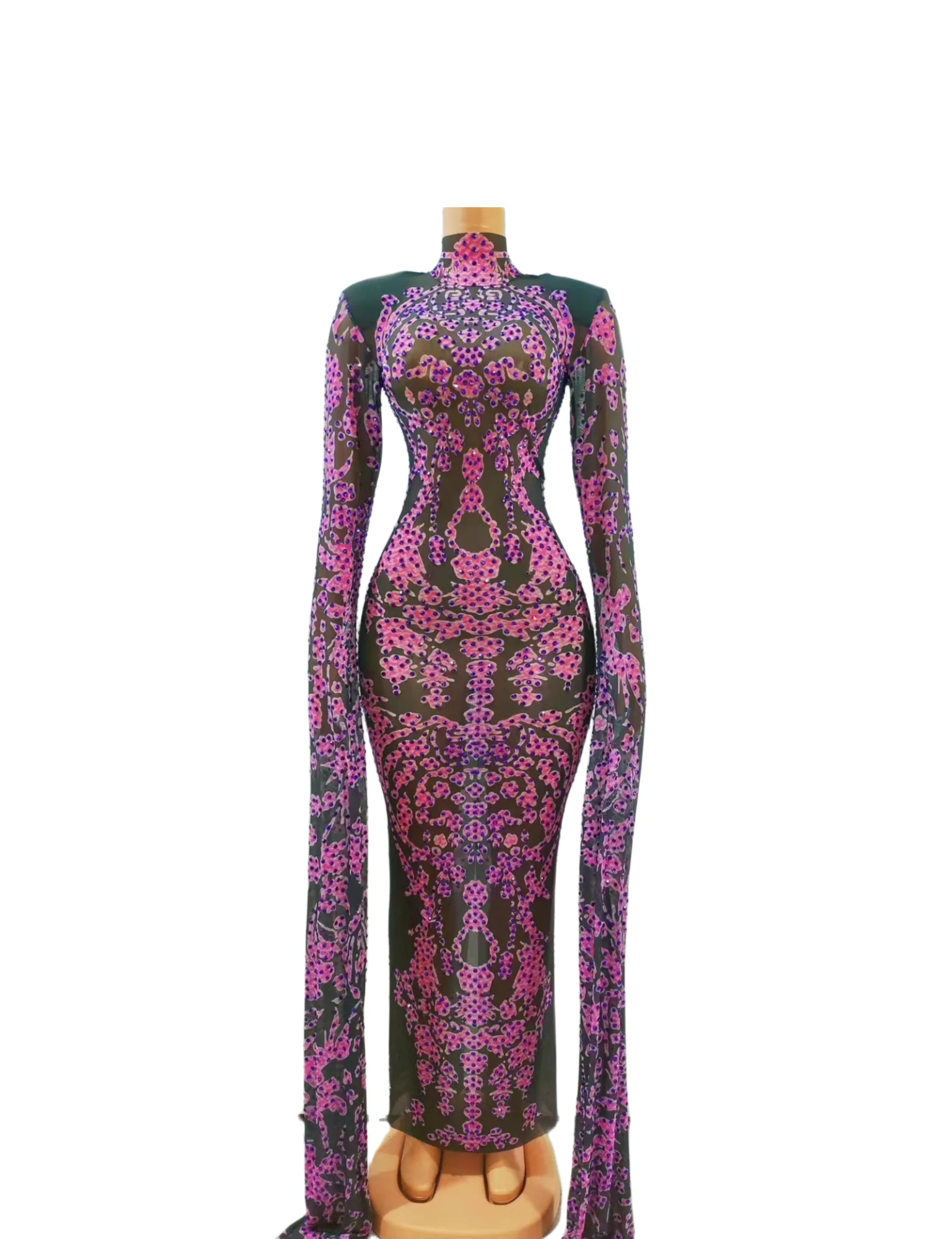 High Collar Rhinestone Fake Flesh PiercingTight And Sexy Stretch Long Sleeved Floor MopNiahtclub Bar Performance Suit  A399