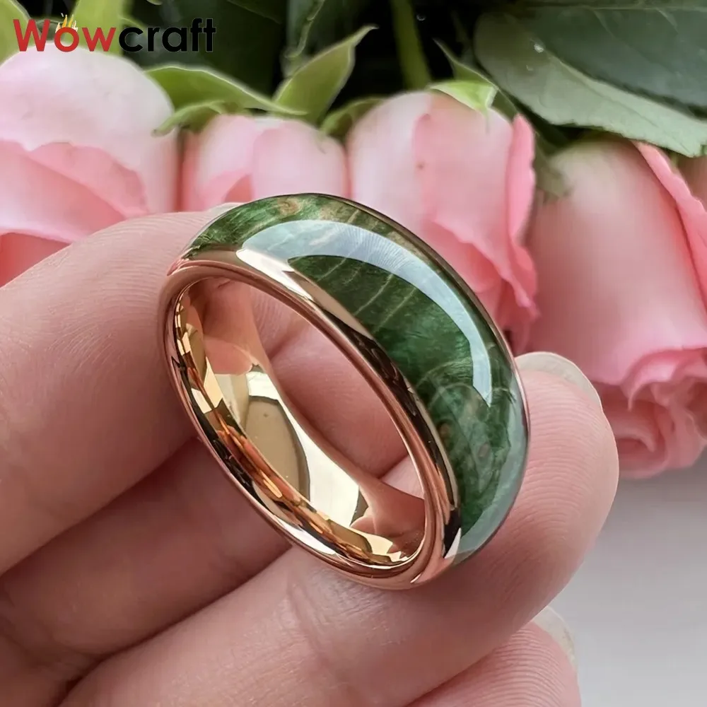 Green Dyed Elder Wood Inlay Domed Polished Tungsten Carbide Rings for Men Women Wedding Bands Comfort Fit