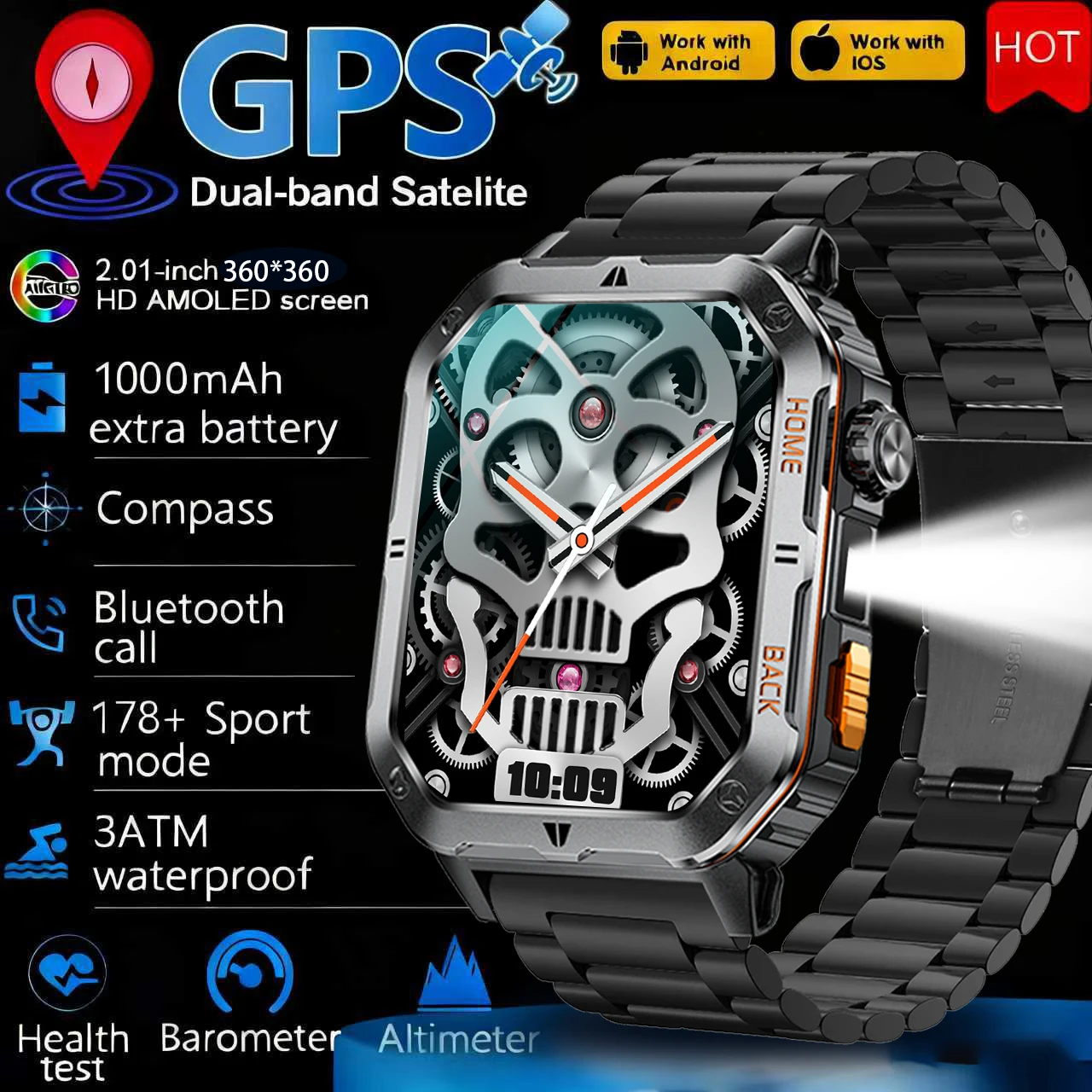 

1000mAh battery flashlight 3ATM Waterproof Swimming Smart watch Men sports Fitness Militray Smartwatch GPS motion tracking New